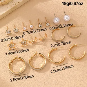 Gold-plated fashion earring set featuring pearl, rhinestone, star and hoop designs. Perfect gift.