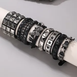 Punk Rock Schwarz Leder Armband Für Männer Frauen Legierung Quadrat Nieten Stern Schmetterling Kette Armband Hip Hop Gotisch Schmuck Geschenk