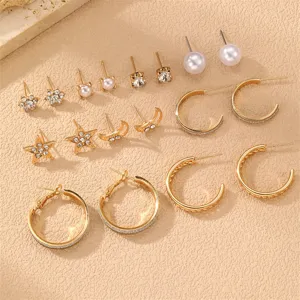 Gold hoop stud earrings set featuring pearls and crystal stars for women fashion daily wear.