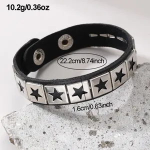 Punk schwarzes Leder Armband mit silbernen quadratischen Sternen, Unisex Modeschmuck.