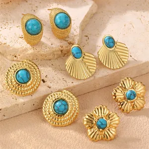 Elegantes vergoldetes Ohrring-Set mit Türkis, verschiedene Retro-Designs für stilvolle Frauen.