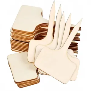 Detailed view of stacked T-shaped wooden garden plant labels for garden organization.