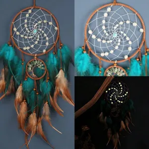 Handgemaakte Etnische Dromenvanger Met Lichtgevende Kralen Levensboom Veer Hangende Decoratie Voor Slaapkamer Thuis Wanddecoratie