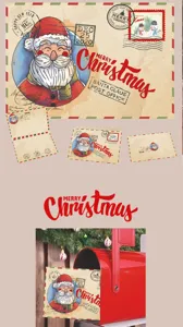 Vintage kraft paper Christmas card set with Santa Claus and envelope details
