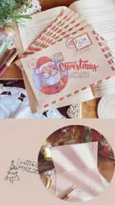 Vintage kraft Christmas greeting card set with cute Santa Claus illustration.