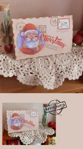 Vintage kraft Christmas card displayed on a lace mat with an approved stamp overlay