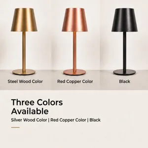 Minimalist rechargeable cordless metal table lamps in gold, bronze and black finishes
