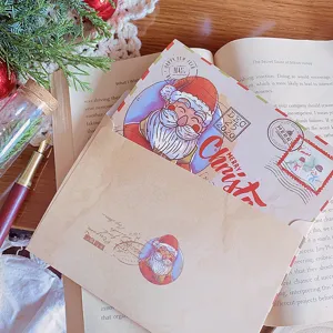 Vintage kraft Christmas greeting card set with envelopes and retro Santa Claus designs