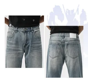 Close-up of vintage light wash straight-leg denim jeans showing front and back details