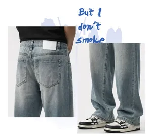 Detail views of vintage light blue wide-leg jeans with white back patch and leg style