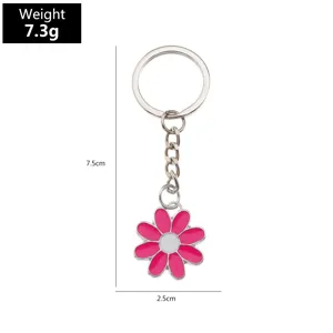 Metal alloy keychain with pink enamel daisy flower pendant, size 7.5x2.5cm, weight 7.3g.