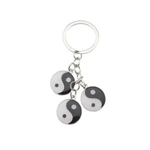 Metal Yin-Yang keychain featuring three classic black and white taiji pendant charms ring.