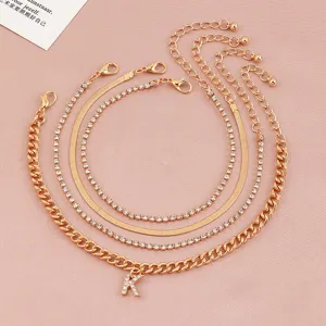 Layered Rhinestone Letter K Anklet Set 4-Piece Gold Chain Foot Jewelry for Women Summer