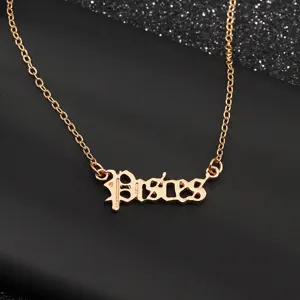 Goldene Sternzeichen Halskette mit Pisces Buchstabe Anhänger, Retro Gothic Schmuck Detail.