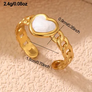 Vintage Edelstahl Herz Ring mit weißem Stein und Kettendesign, detaillierte Schmuckansicht.