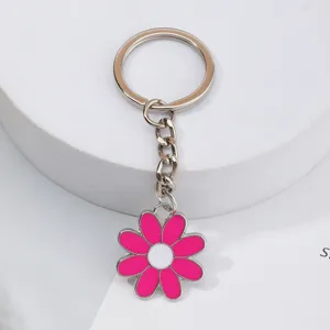 Metal keychain with pink and white enamel flower pendant cute bag charm accessory gift 1pc