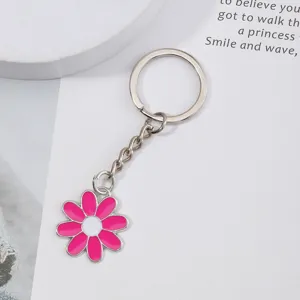 Pink flower metal keychain alloy cute key ring bag pendant accessory for women girls