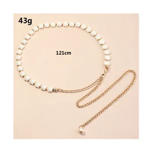 Detailansicht der stilvollen Damen Muschel Taillenkette, Goldkette mit Perlenanhänger 121cm