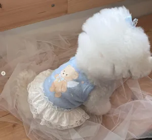 Cute summer breathable small dog dress with sweet bear print and white lace ruffles.