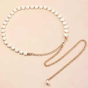 Damen Mode Metall Taillenkette mit weißen Muschelperlen Goldkette Kleid Gürtel Zubehör