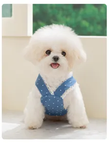 Cute denim dog dress featuring polka dots, lace trim, and comfortable harness design for small pets.