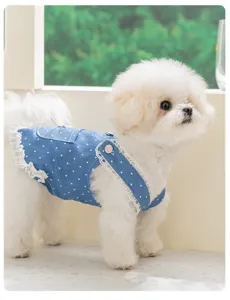 Retro polka dot denim dog dress with cute lace trim, designed for small pets like teddy and bichon.