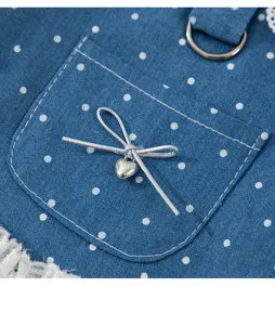 Detailansicht des niedlichen Jeans Hunde Kleides mit Punkten, Schleife und weisser Spitze