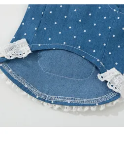 Nahaufnahme eines blauen Jeans-Haustierkleids mit weißen Punkten und Spitzen.