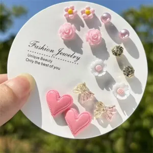 Süßes rosa Herz Blume Schleife Perle Ohrstecker Set für Damen Mode Schmuck Geschenk