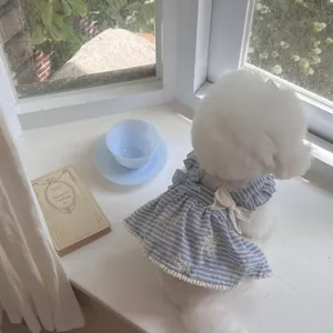 Vestido de Verano Transpirable para Perro y Gato con Volantes Lazo Rayas Bordado de Flores Ropa para Mascotas Pequeñas y Medianas