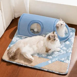 Detail view of breathable blue cat tunnel and durable sisal scratching mat with cute cats inside.