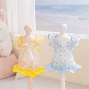 Robe d'Été pour Chien et Chat Respirante en Mousseline Jupe pour Chiot et Chaton Avec Manches Volantées Fleurs 3D Imprimé Floral Cœur
