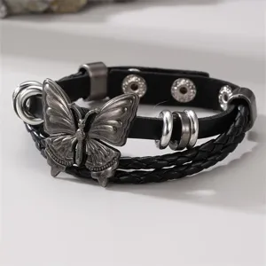 Vintage schwarzes Leder mehrschichtig geflochtenes Armband mit antiker silberner Schmetterling.