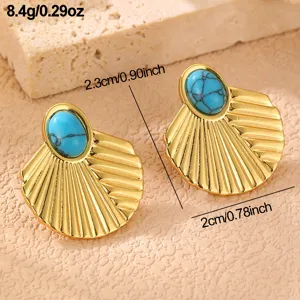 Vergoldete fächerförmige Ohrstecker mit ovalem Türkisstein für Damen modischer Stil.
