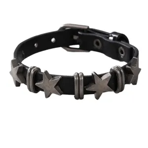 Punk Style schwarzes Lederarmband mit antiken silbernen Stern Metallnieten Unisex Mode Schmuck