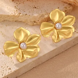 Vergoldete Metallblumen Ohrringe mit Perle elegant Titanstahl Ohrstecker Schmuck