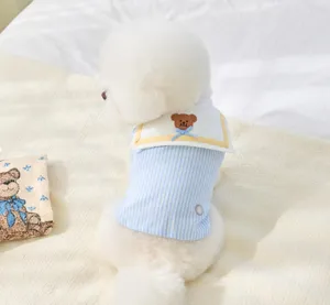 Cute striped pet shirt detail, breathable summer dog clothes with cute bear collar for small pets.