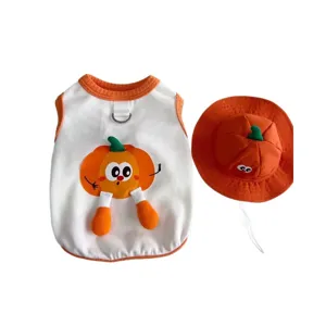 Süßes Cartoon Kürbis Haustier Weste und Hut Set, atmungsaktive Sommer Hund Kleidung, orange.