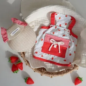 Pet Clothes Spring Summer Strawberry Print Apparel Gingham Pocket Suspender Dress And Hat Outfit For Dogs Cats Cute Puppy Clothing