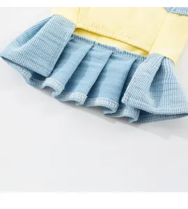 Hundekleid für Frühling Sommer mit gelbem Oberteil und blauem Plisseesaum, leicht und sehr atmungsaktiv.