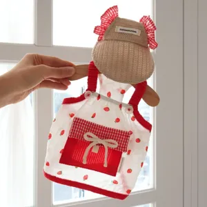Pet strawberry print clothing set with hat, breathable sling dress for cats and dogs.