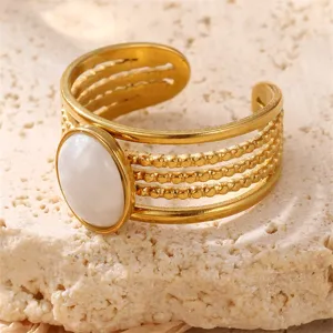 Edelstahl Mehrschicht Ring mit weißem Ovalstein, eleganter Vintage Modeschmuck für Damen.