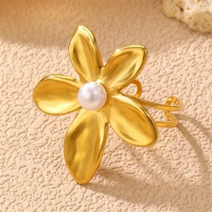Goldener edelstahl blumenring mit perle modischer offener ring schmuck fuer den alltag