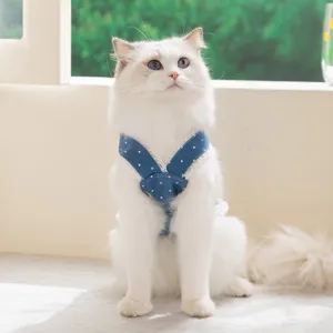 Süßes Jeans Katzen Geschirr Kleid mit Punkten und Spitze für Frühling Sommer Haustier.