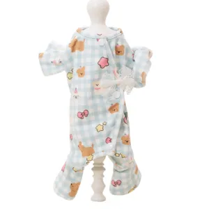 Schattige blauwe ruitjes huisdieren overall met beren print, kleine mouwen en strik.