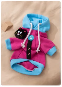Cute cat dog hoodie winter warm pet apparel with plush cat patch pink blue design detail