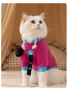 Warm autumn winter pet cat hoodie cute pink blue dog sweatshirt with plush black cat pendant.