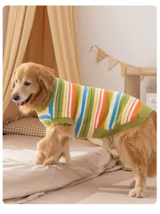 Detailed view of a cozy striped dog sweater for large pets, warm knit texture, indoor scene.