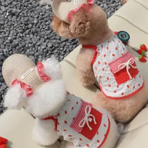 Cute strawberry dog clothes set with hat spring summer pet apparel breathable strap apparel