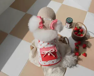 Cute summer dog clothing strawberry print two-piece set with matching cute sun hat and dress.